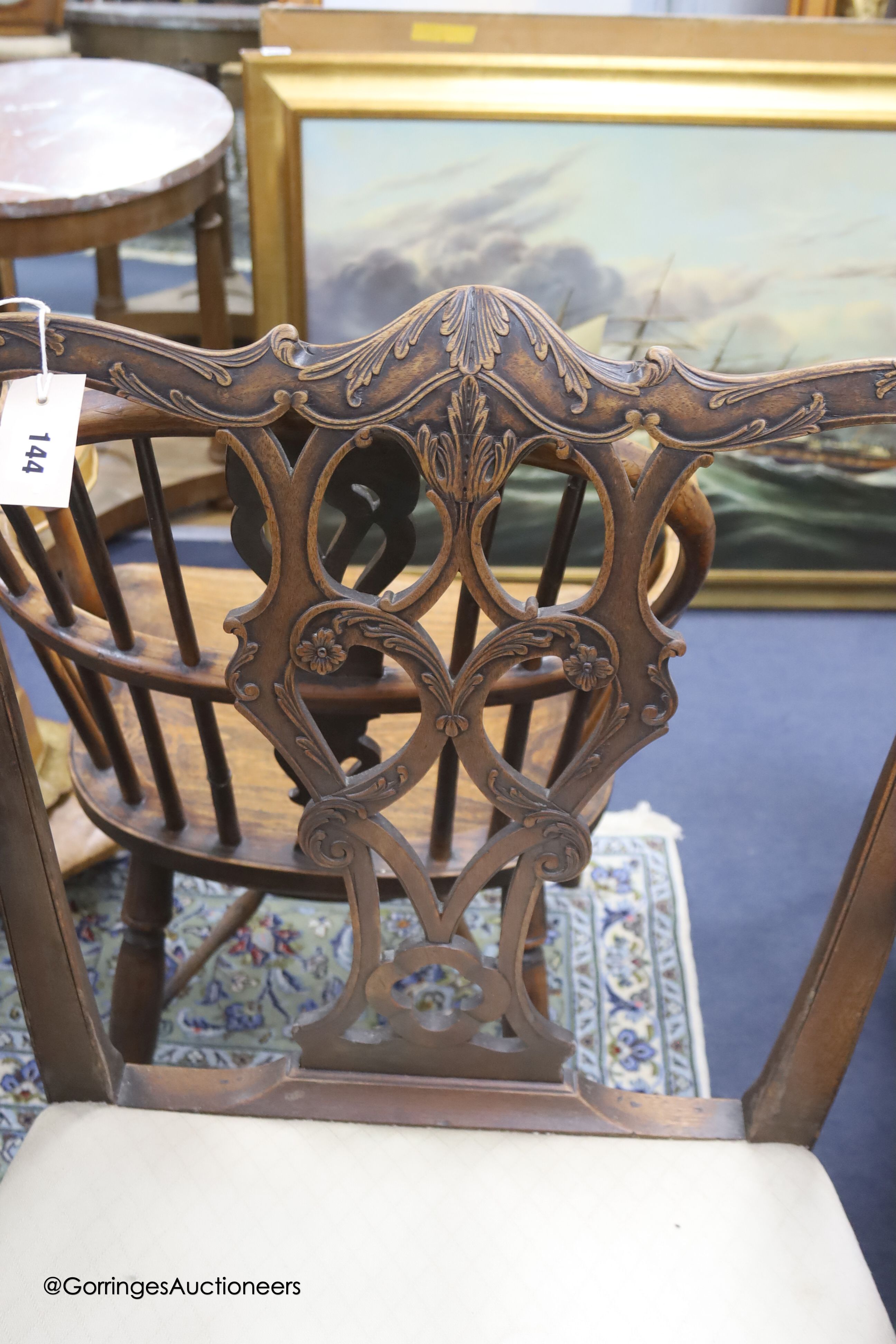 A George III Chippendale style mahogany elbow chair, width 69cm depth 50cm height 95cm